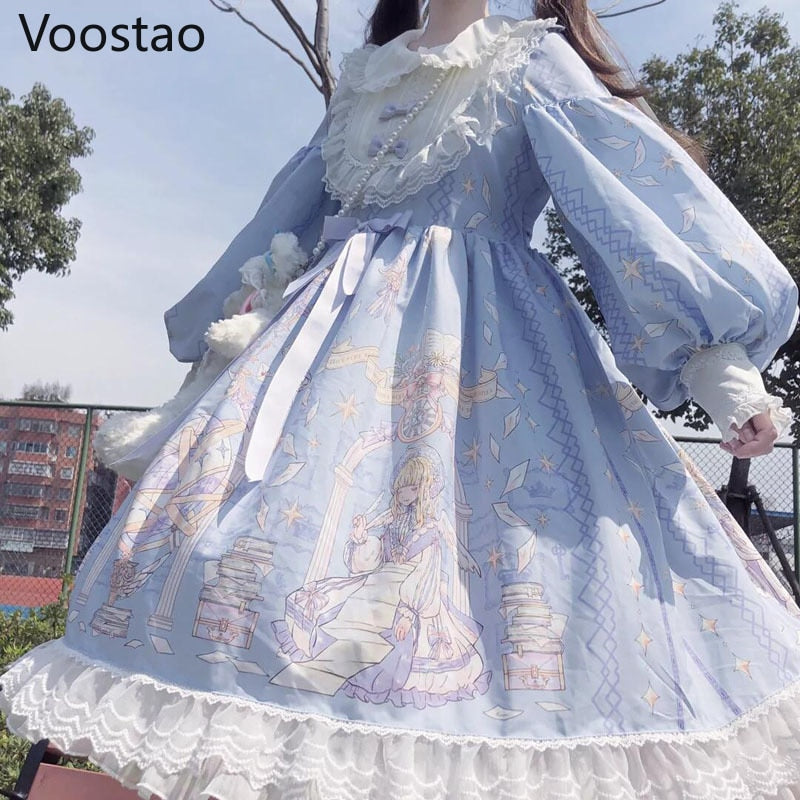 Kawaii Victorian Tea Party Dress - Long Sleeve Lace Gothic Lolita Dress for Cosplay