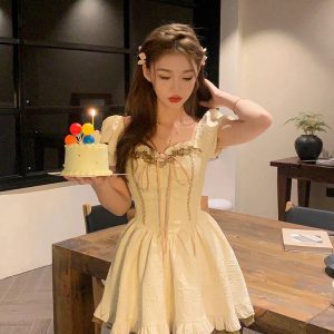 Kawaii Vintage Bow Mini Dress - Y2K Lolita Retro Lace Designer Dress for Casual Parties