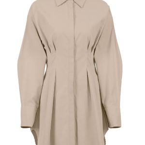 Khaki Long Sleeve Bodycon Dress for Women - Pleated Shirt Style, Casual Mini Dress for Office