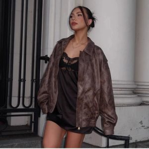 Kiya Vintage Y2K Leather Jacket - Retro Grunge Style Outerwear for Aesthetic Outfits