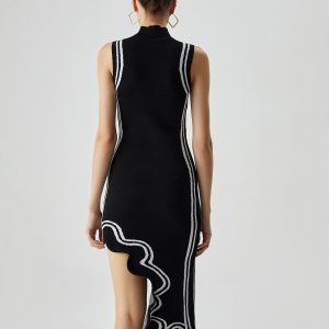 Knit Asymmetric Contrast Trim Mock Neck Midi Dress - Y2K Aesthetic Fashion Statement