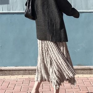 Knit Broken Designer Midi Skirt - Casual High Waist A-Line Pleated Skirt for Women