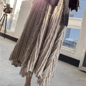 Knit Broken Designer Midi Skirt - Casual High Waist A-Line Pleated Skirt for Women