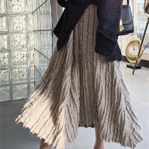 Knit Broken Designer Midi Skirt - Casual High Waist A-Line Pleated Skirt for Women