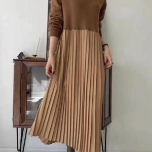 Knit Pleated Long Dress with Split-Joint Design for Y2K and Coquette Aesthetic Styles