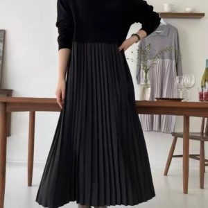 Knit Pleated Long Dress with Split-Joint Design for Y2K and Coquette Aesthetic Styles