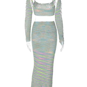 Knitted 3-Piece Dress Set: Sleeveless Crop Top & See-Through Bodycon Skirt for Y2K Style