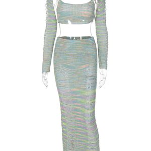 Knitted 3-Piece Dress Set: Sleeveless Crop Top & See-Through Bodycon Skirt for Y2K Style