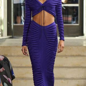 Knitted Long Skirt 2 Piece Set with Lace-Up Slim Crop Top - Sexy See-Through Party Outfit