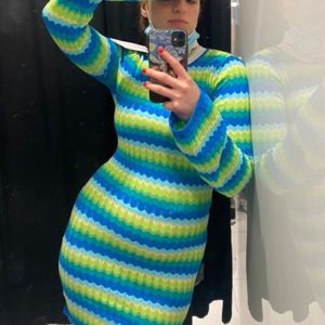 Knitted Y2K 2024 Stripe Bodycon Dress - Backless Long Sleeve for Summer Beach Parties