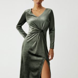 Knot Detail Velvet Long Sleeve Dress - Y2K Aesthetic Fashion for Chic Outfits