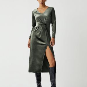 Knot Detail Velvet Long Sleeve Dress - Y2K Aesthetic Fashion for Chic Outfits