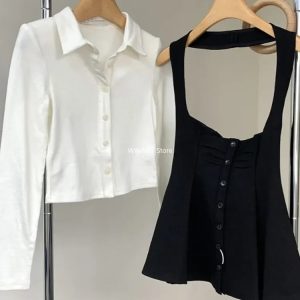 Korea Y2K Two Piece Set: Elegant Office Lady Skirt with Lapel Cardigan & Crop Top