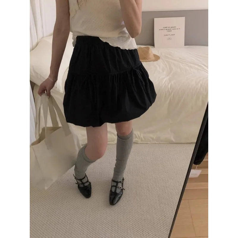 Korean Bow Lace-Up High Waist Pleated A-Line Skirt - Y2K Casual Solid Color Summer Essential