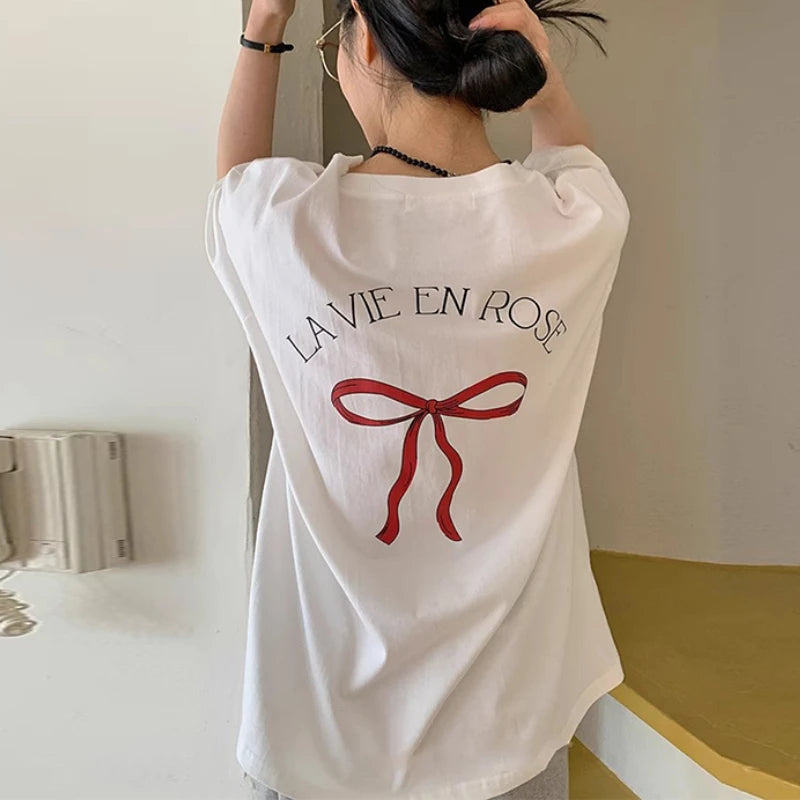 Korean Bow Letter Printed Loose Short-Sleeved T-Shirt - Y2K Aesthetic High Street Fashion Top