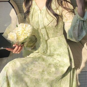 Korean Casual Summer Fairy Midi Dress - Vintage Floral Long Sleeve French Aesthetic Dress