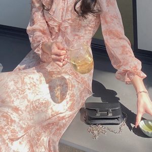 Korean Casual Summer Fairy Midi Dress - Vintage Floral Long Sleeve French Aesthetic Dress