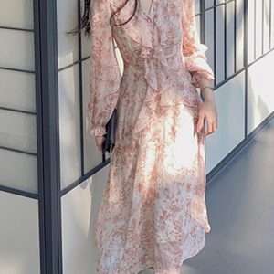 Korean Casual Summer Fairy Midi Dress - Vintage Floral Long Sleeve French Aesthetic Dress