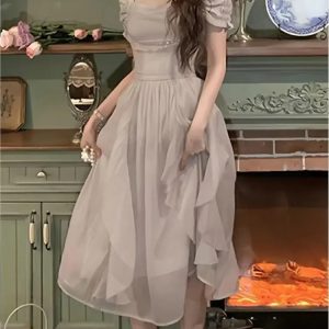 Korean Chic Ruffle Fairy Midi Dress - Elegant Solid Princess Dress for Summer Parties