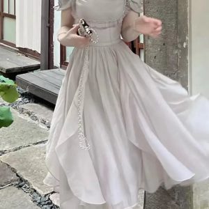 Korean Chic Ruffle Fairy Midi Dress - Elegant Solid Princess Dress for Summer Parties