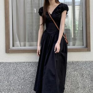 Korean Chic V-neck Backless Midi Dress with Puff Sleeves - A-line Summer Party Dress