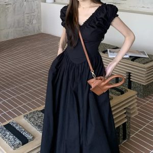 Korean Chic V-neck Backless Midi Dress with Puff Sleeves - A-line Summer Party Dress