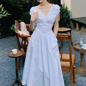 Korean Chic V-neck Backless Midi Dress with Puff Sleeves - A-line Summer Party Dress