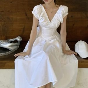 Korean Chic V-neck Backless Midi Dress with Puff Sleeves - A-line Summer Party Dress