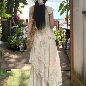 Korean Elegant Lace Midi Dress - Y2K A-Line Ruffles for Casual Spring/Summer Beach Prom