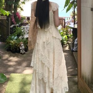 Korean Elegant Lace Midi Dress - Y2K A-Line Ruffles for Casual Spring/Summer Beach Prom