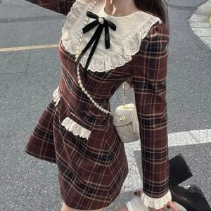 Korean Preppy Style Y2K Mini Plaid Dress for Women - Vintage Long Sleeve Tunic Vestidos