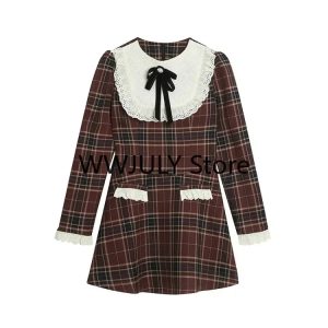 Korean Preppy Style Y2K Mini Plaid Dress for Women - Vintage Long Sleeve Tunic Vestidos