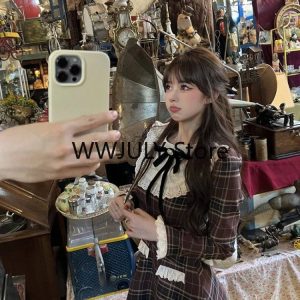 Korean Preppy Style Y2K Mini Plaid Dress for Women - Vintage Long Sleeve Tunic Vestidos