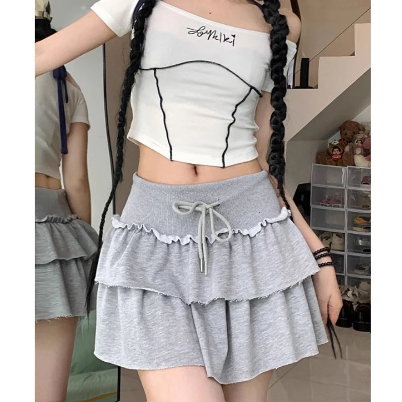 Korean Retro Solid Color Pleated A-Line Skirt for Women - Y2K High Waist Lace-Up Style