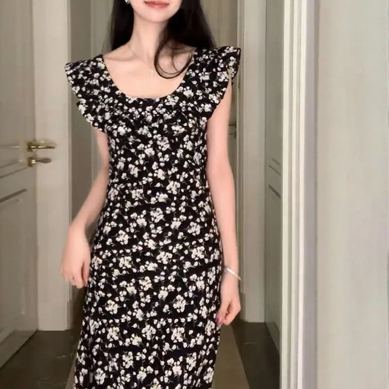 Korean Style Floral Kawaii Dress - Elegant Waist-Tightening Vintage Look for Spring/Summer 2024