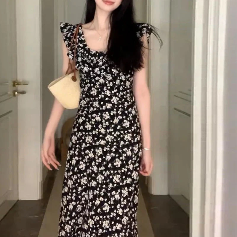 Korean Style Floral Kawaii Dress - Elegant Waist-Tightening Vintage Look for Spring/Summer 2024