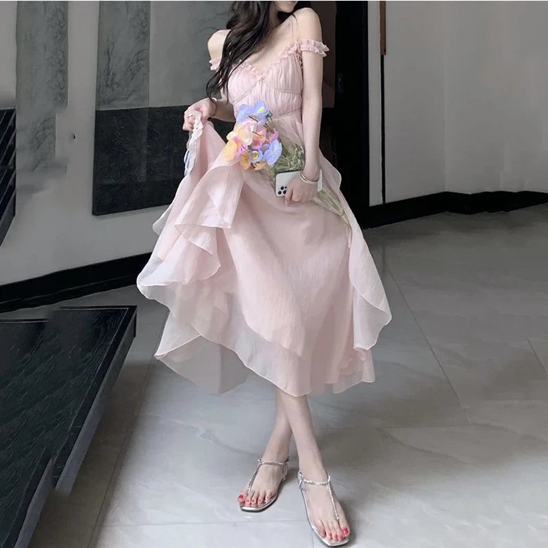 Korean Style Y2K Aesthetic Dress - Elegant Hot Girl Fashion with Waist-Cinching Design