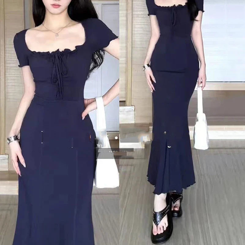 Korean Style Y2K Aesthetic Dress - Vintage Kawaii Hot Girl Dress with Waist Cinching for Spring/Summer 2024