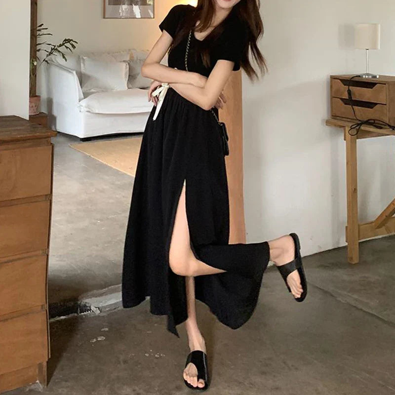 Korean Style Y2K Aesthetic Elegant Slit Dress for Women - Slim Fit Fairy Dress for Spring/Summer 2024