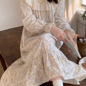 Korean Sweet Princess Nightgown - Pure Cotton Floral Print Fairy Dress with Long Sleeves