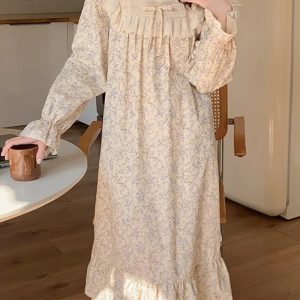 Korean Sweet Princess Nightgown - Pure Cotton Floral Print Fairy Dress with Long Sleeves