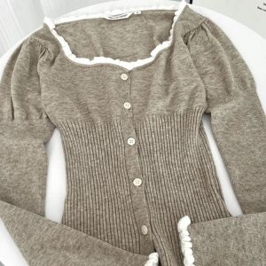 Korean Y2K Fashion Long Sleeve Cardigan Tops - 90s Vintage Mori Girl Lace Spliced Knitwear