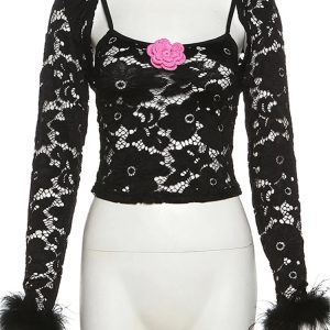 Lace 3D Flower Strap Camisole with Feather Patchwork Long Sleeve Shrug - Slim Fit Crop Top