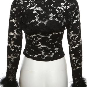 Lace 3D Flower Strap Camisole with Feather Patchwork Long Sleeve Shrug - Slim Fit Crop Top