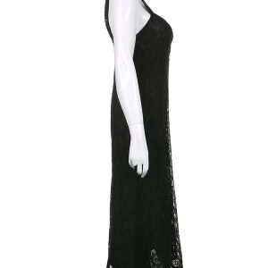 Lace Button Front Black Maxi Dress - Y2K Aesthetic Elegant Style for Chic Outfits