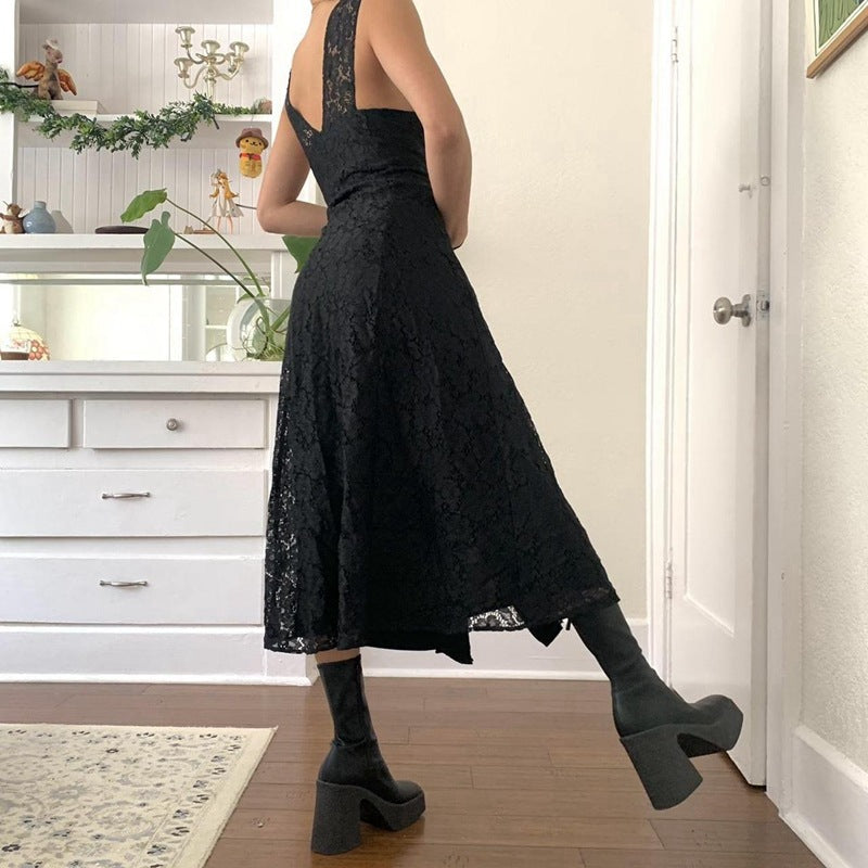 Lace Button Front Black Maxi Dress - Y2K Aesthetic Elegant Style for Chic Outfits