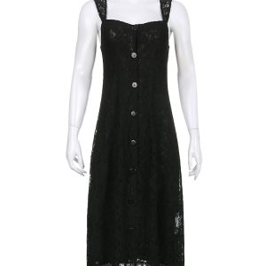 Lace Button Front Black Maxi Dress - Y2K Aesthetic Elegant Style for Chic Outfits