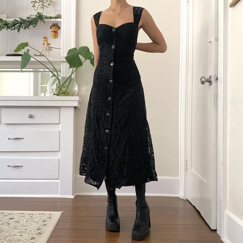 Lace Button Front Black Maxi Dress - Y2K Aesthetic Elegant Style for Chic Outfits