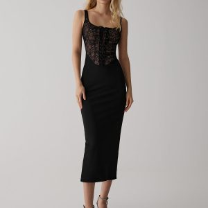 Lace Corset Square Neck Dress - Elegant Y2K Fashion for a Chic Coquette Aesthetic