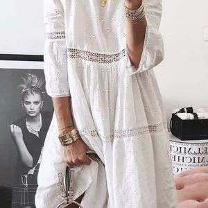 Lace Crochet Embroidery Cotton Linen Dress - Y2K Aesthetic Boho Chic Style for Effortless Elegance